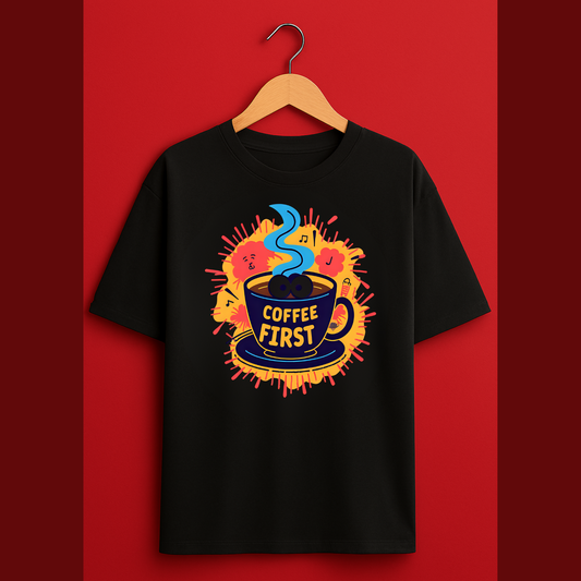 Coffee First Oversized T-Shirt | Bold Graphic Premium Cotton Tee